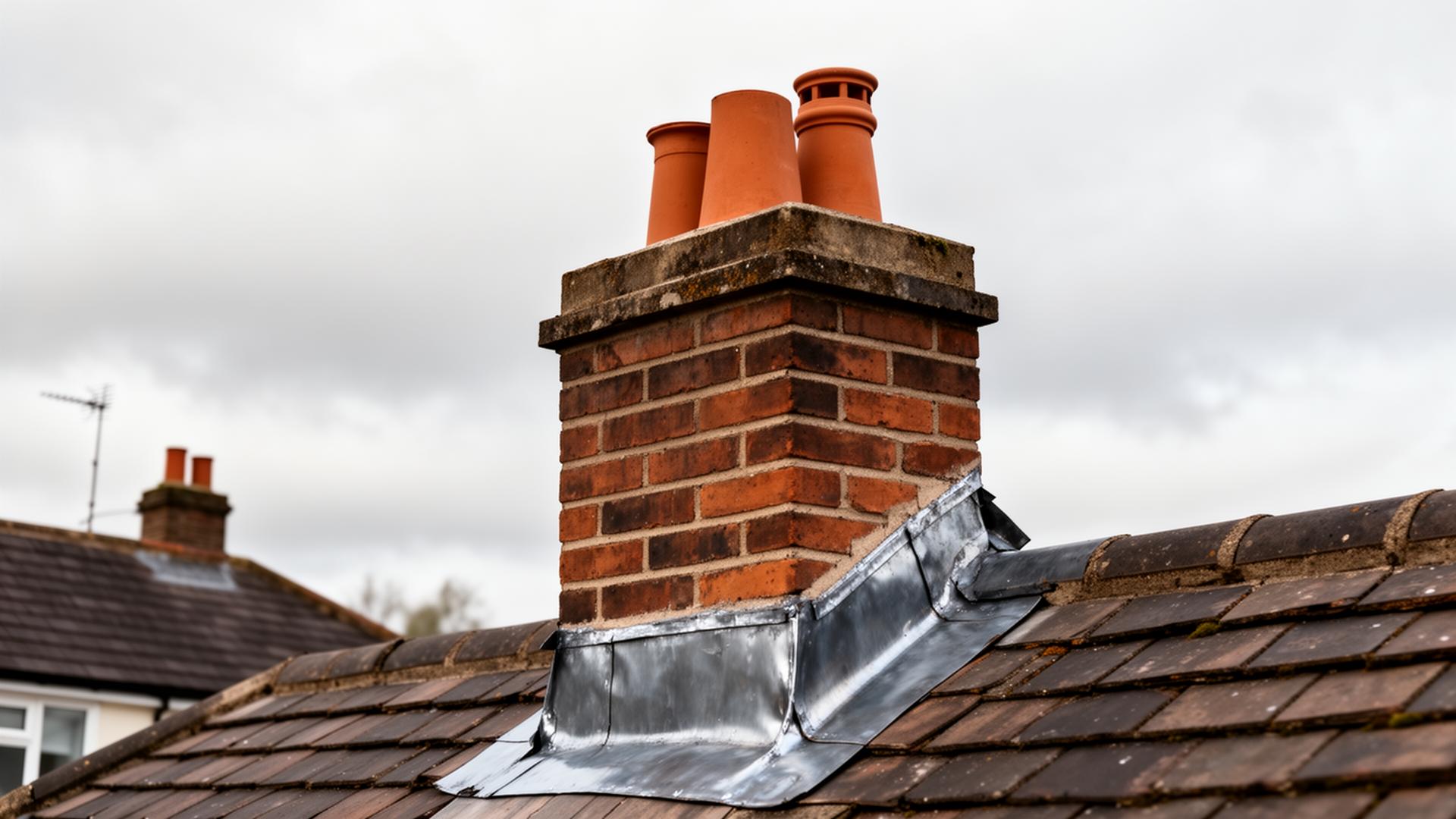 Brick chimney stack on a slate roof requiring repointing and flashing work