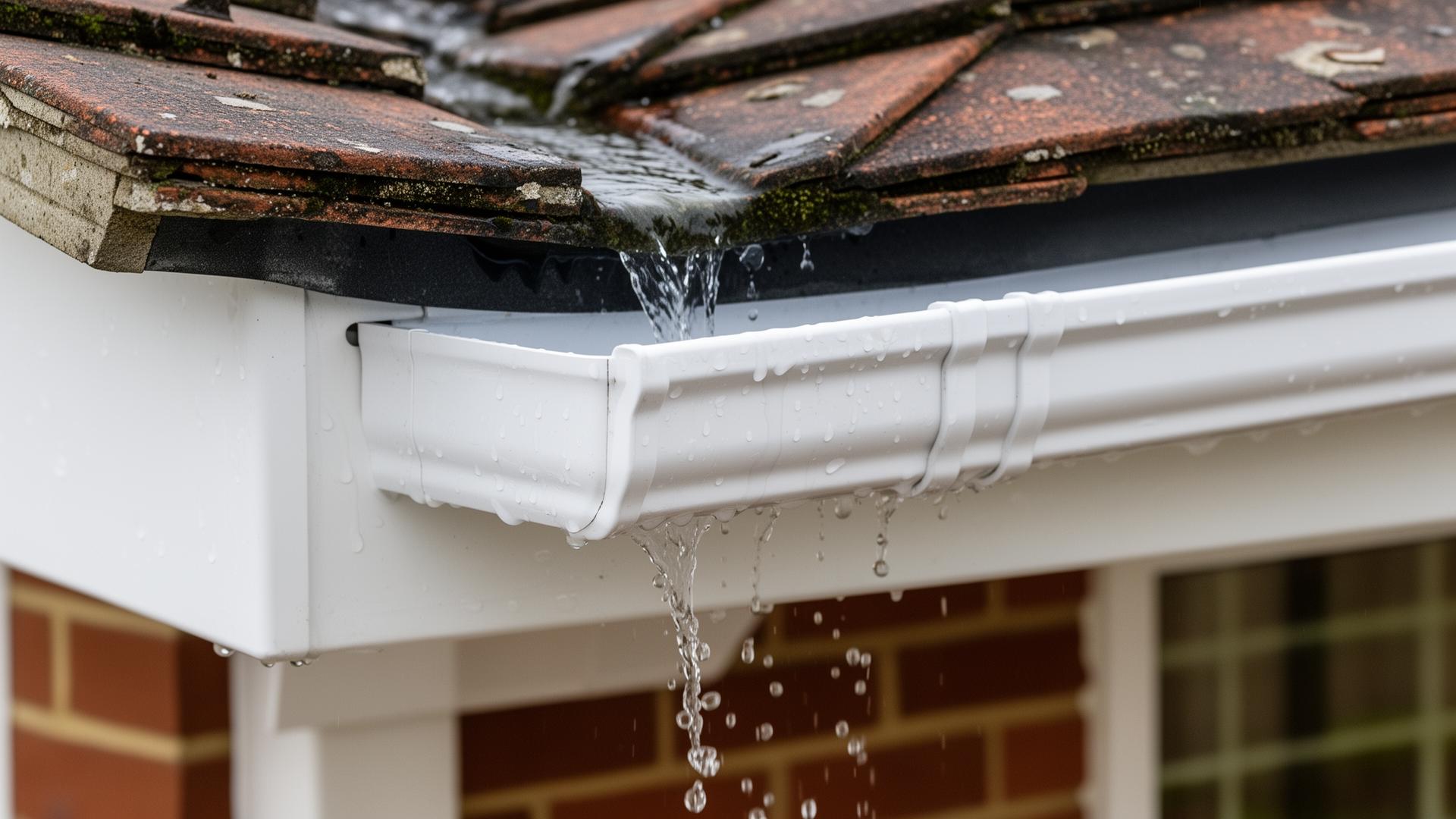 Blocked gutter filled with autumn leaves requiring professional cleaning